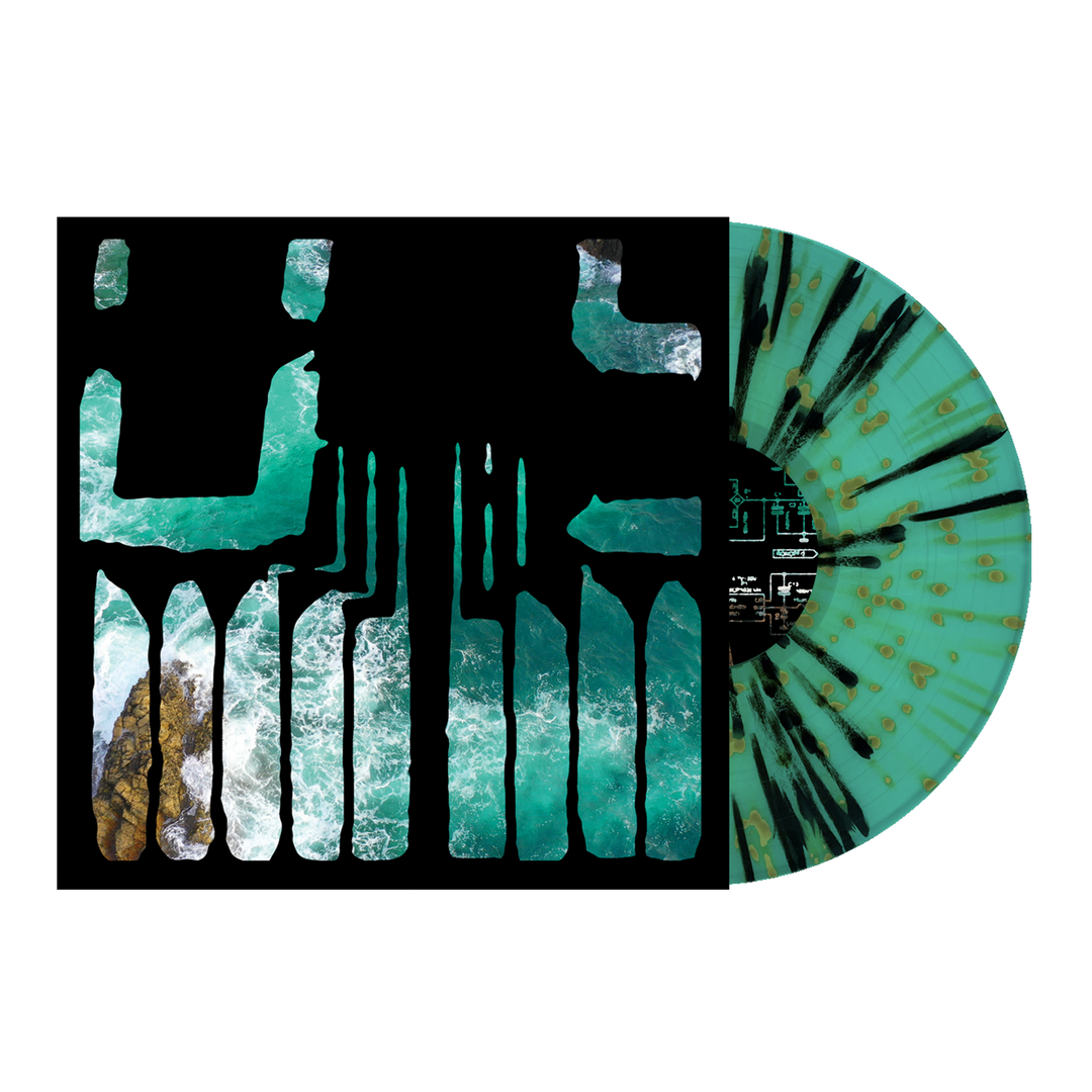 A Joshua brand turquoise post-hardcore vinyl with black splatters partially slides from its cover, which displays ocean waves crashing on rocks through bold black abstract shapes.