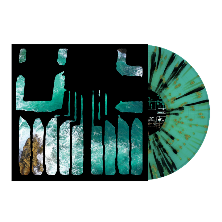 A Joshua brand turquoise post-hardcore vinyl with black splatters partially slides from its cover, which displays ocean waves crashing on rocks through bold black abstract shapes.