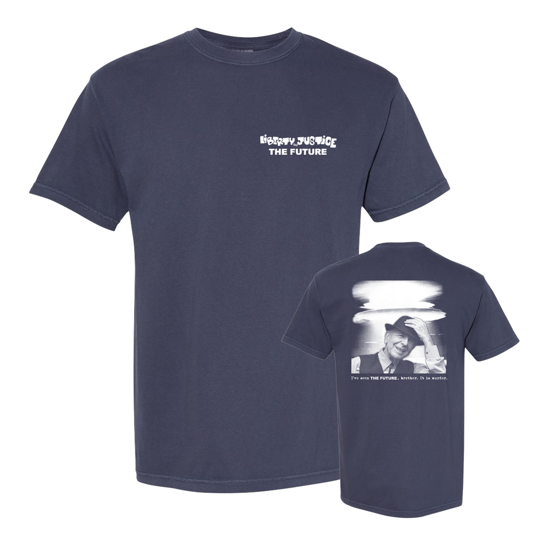 Navy blue Liberty & Justice Comfort Colors tee with "THE FUTURE" and partial text on the left chest. Back has a grayscale photo of a person plus "You are the FUTURE. Invest in it like it matters.