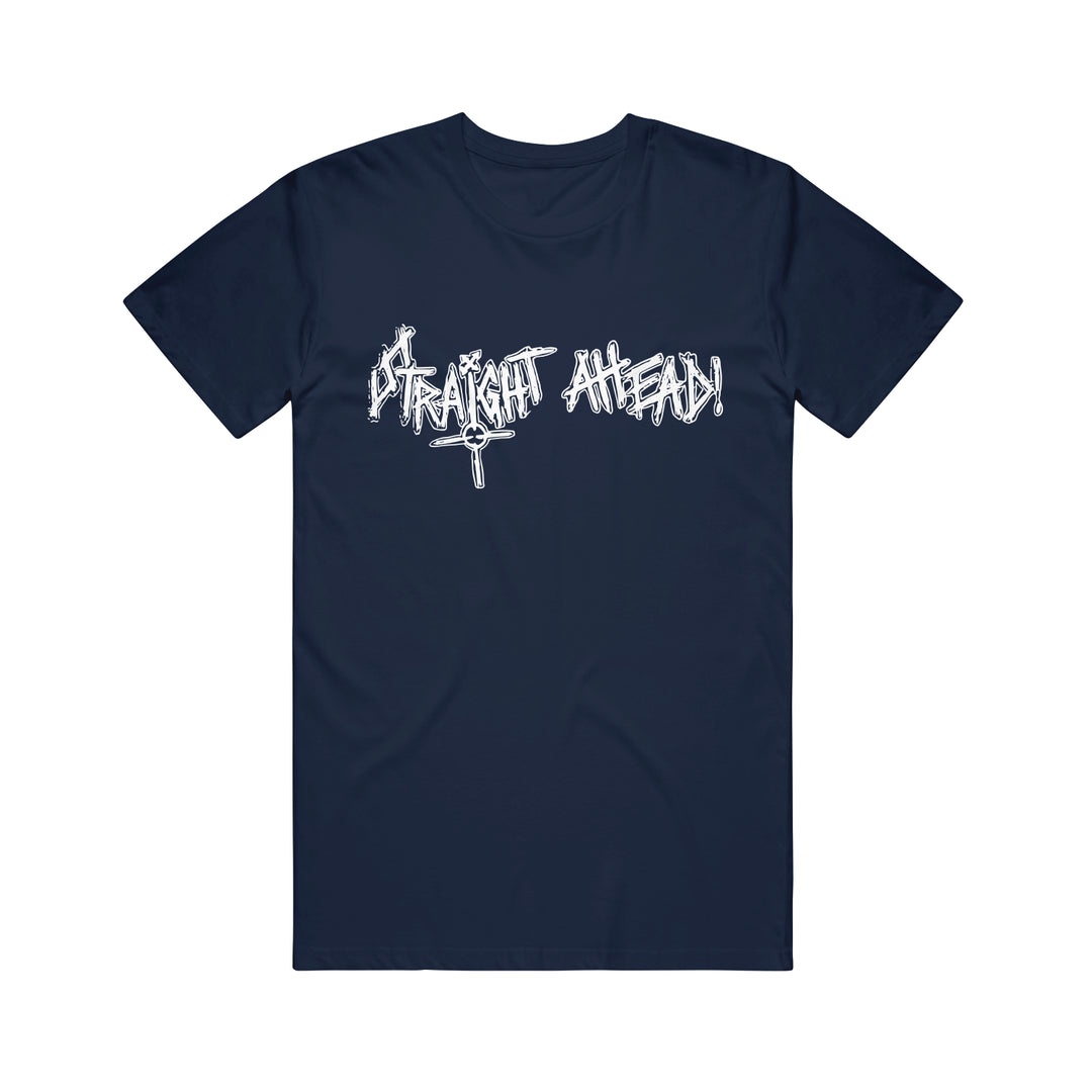 Navy blue Straight Ahead Heavy Cotton t-shirt with "Straight Ahead" in white graffiti-style text on the chest. Available for presale—order now to secure yours before shipping starts!.