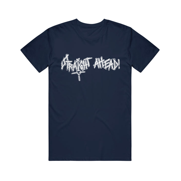 Navy blue Straight Ahead Heavy Cotton t-shirt with "Straight Ahead" in white graffiti-style text on the chest. Available for presale—order now to secure yours before shipping starts!.