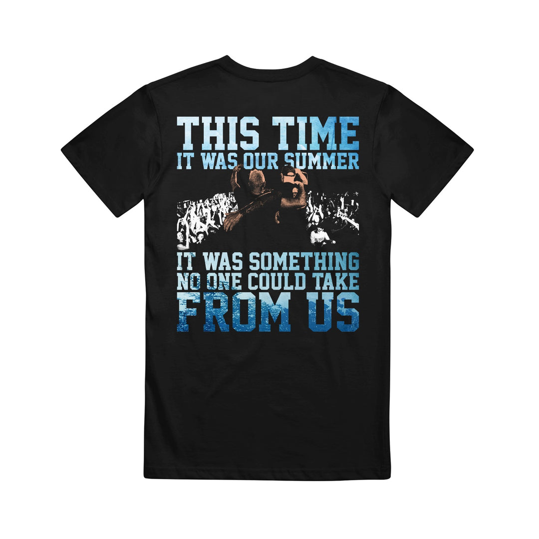 Misery Signals black Comfort Colors t-shirt with a graphic of a band playing on stage and a crowd. Large white and blue text reads: This time it was our summer. It was something no one could take from us.
