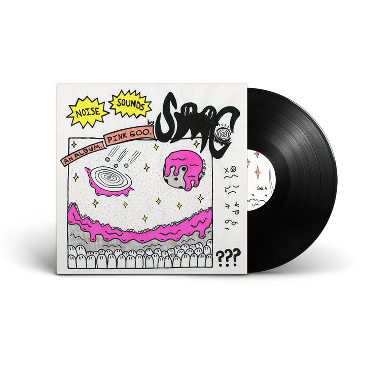 A Black Vinyl LP by Strawberry Milk Cult beside its cover, which features cartoon-style art of pink goo on a black-and-white landscape, comic bubbles reading “NOISE SOUNDS BY SOAP,” and whimsical doodles.
