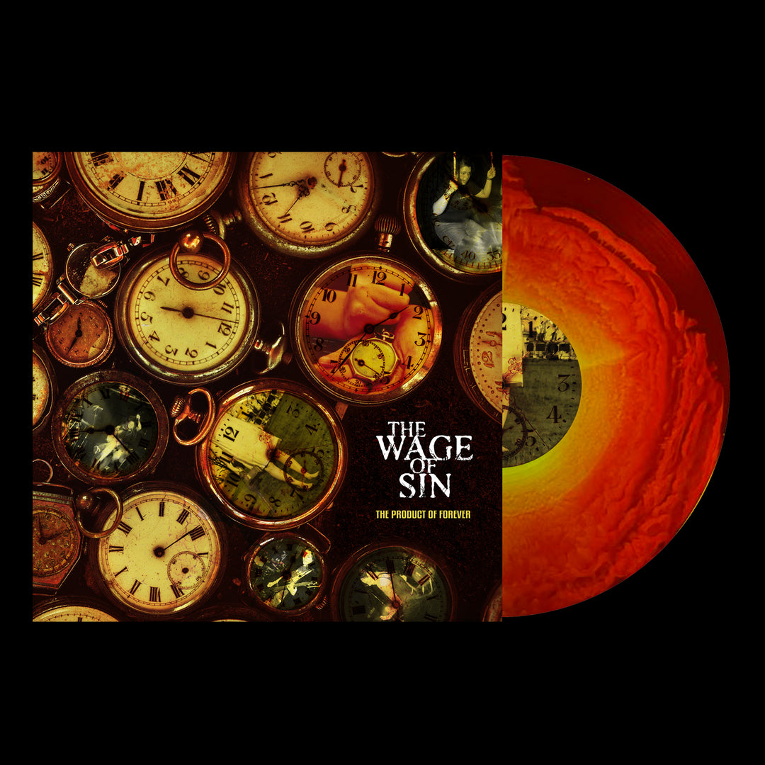 Album cover for The Wage Of Sin’s "The Product of Forever," featuring antique pocket watches and a partially visible red and orange marbled limited edition vinyl record.