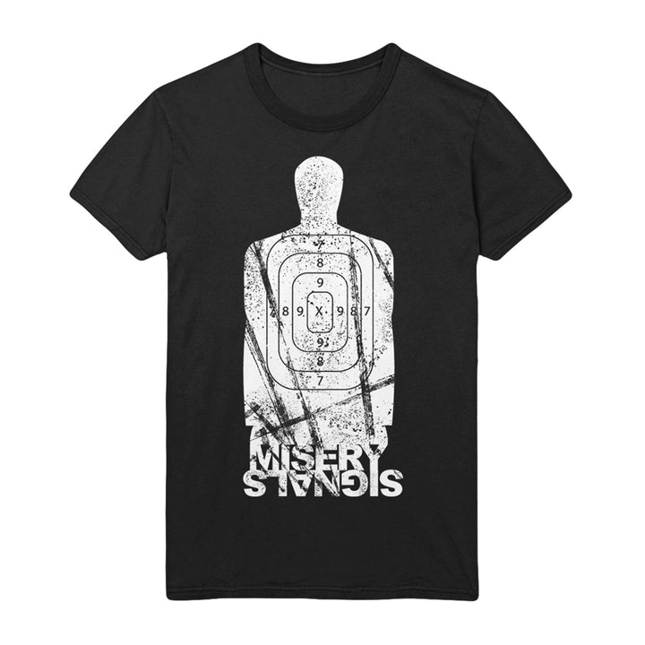 Black Misery Signals t-shirt featuring a white shooting range silhouette target with bullet marks. MISERY is printed upside down at the bottom of the design.