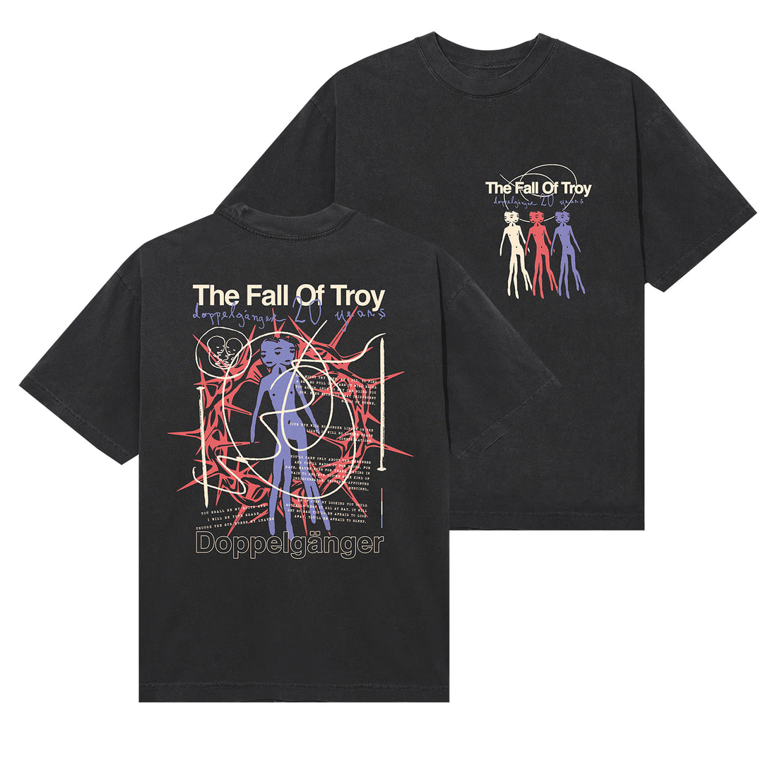 Black American Apparel T-shirt by The Fall of Troy featuring bold Doppelgänger text and vibrant abstract graphics on the back, making it a standout printed tee.