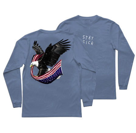 A blue long-sleeve Stay Sick Clothing shirt with a large bald eagle holding an American flag on the back and STAY SICK in white on the front—perfect to pair with your favorite blue jeans or denim pants.