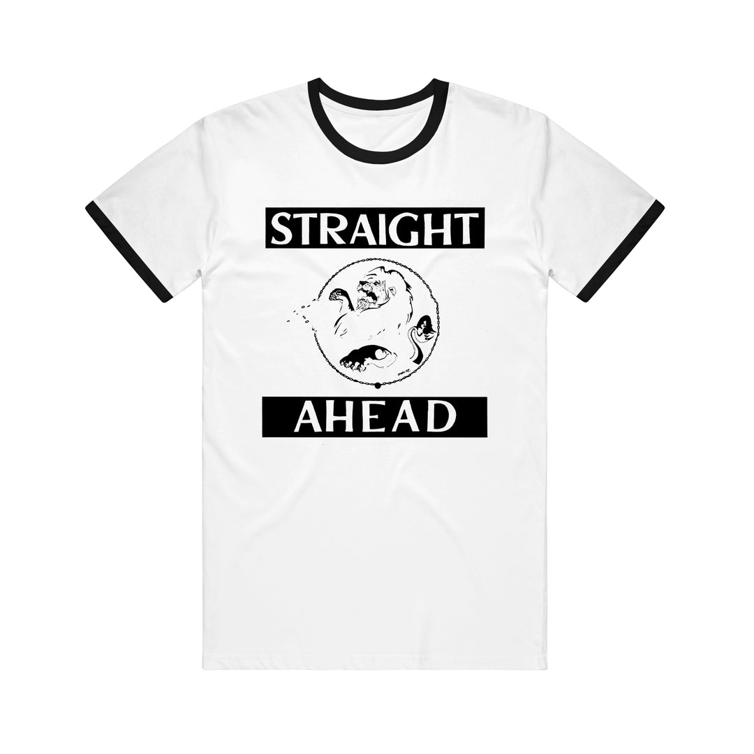 Straight Ahead white Tultex tee features a black collar and sleeve edges, with “STRAIGHT AHEAD” in bold black text above and below a globe illustration. Available for presale now; ships 5/15/26.