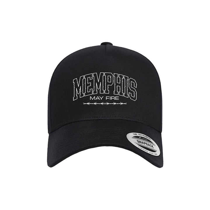 A black dad hat by Memphis May Fire with their name embroidered in white on the front and a Snapback sticker on the brim, merging classic style with Barbed Varsity edge.