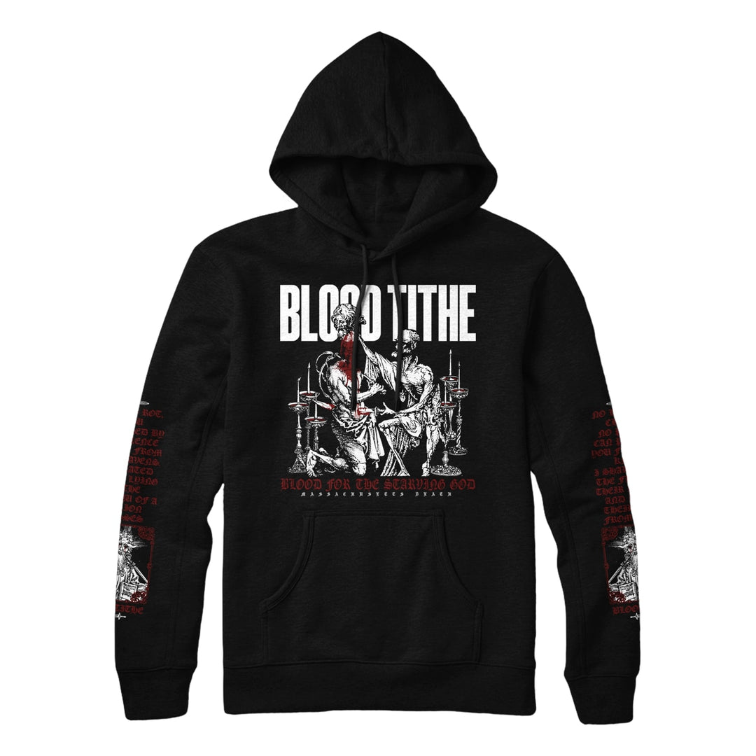 Blood Tithe Black hoodie with a white and red graphic of two armored figures holding weapons, BLOOD TITHE text above, plus extra red text and graphics on both sleeves.