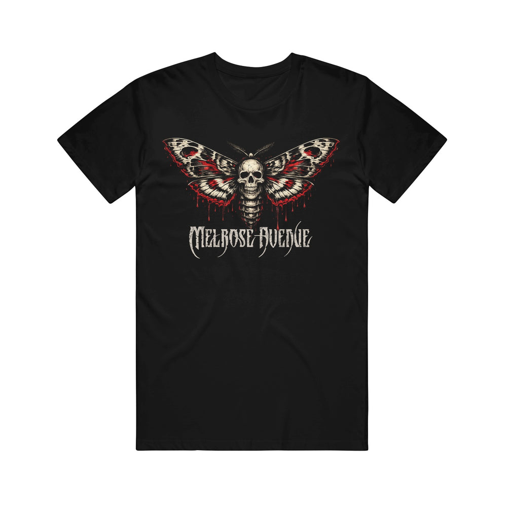 Melrose Avenue Black ASColour 5001 Staple T-Shirt with a moth and skull graphic, red wing accents, and “Melrose Avenue” in dripping white text—crafted from 100% combed cotton for premium comfort.