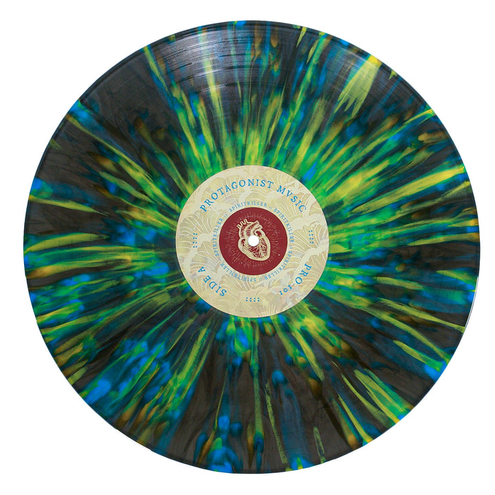A limited edition 12” marbled blue, green, and yellow vinyl from Spiritkiller features a circular label marked “Side A”—a standout release from this Albany hardcore band.