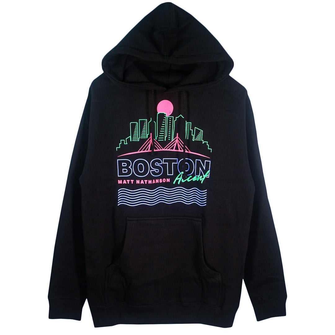 Matt Nathanson black XX-Large hoodie features a neon Boston skyline, pink sun, Boston Tour 2022, Acoustic and artist name above blue wavy lines, plus a large front pocket and hood.