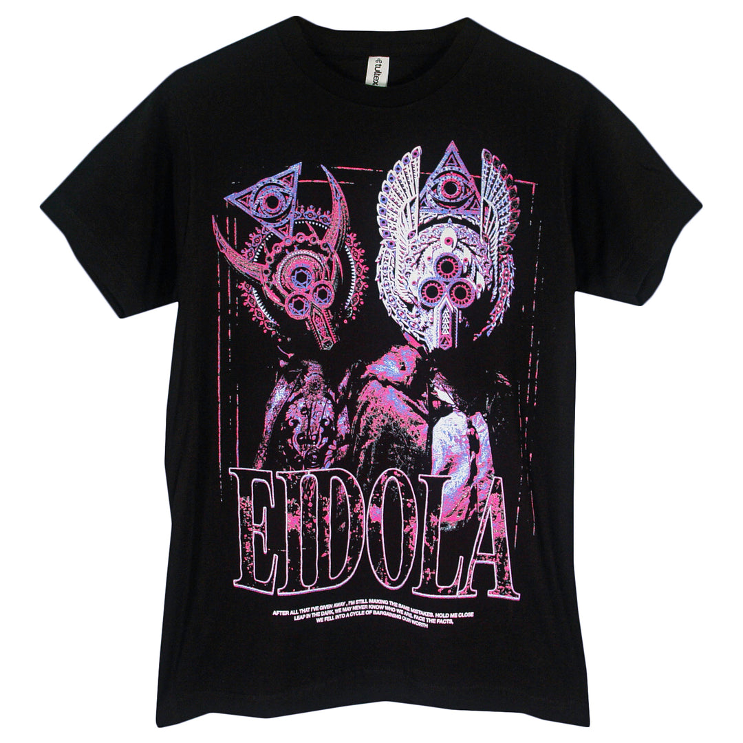 A black Eidola T-shirt with bold pink, purple, and white abstract art of two masked, winged figures with geometric God Mask-inspired designs and EIDOLA printed in large letters.