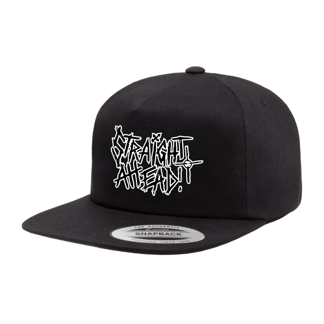 A black Straight Ahead snapback cap by Yupoong featuring bold, white graffiti-style “STRAIGHT AHEAD!” on the front, flat brim, and SNAPBACK sticker. Available now in presale—secure yours before shipping begins!.