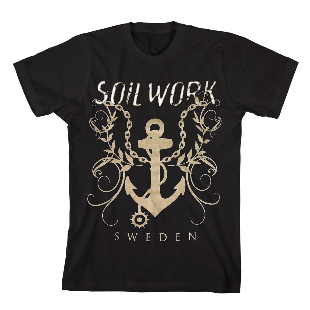 A black Soilwork T-shirt featuring the bands name in bold above a gold anchor with decorative swirls, a small gear, and Sweden written below.