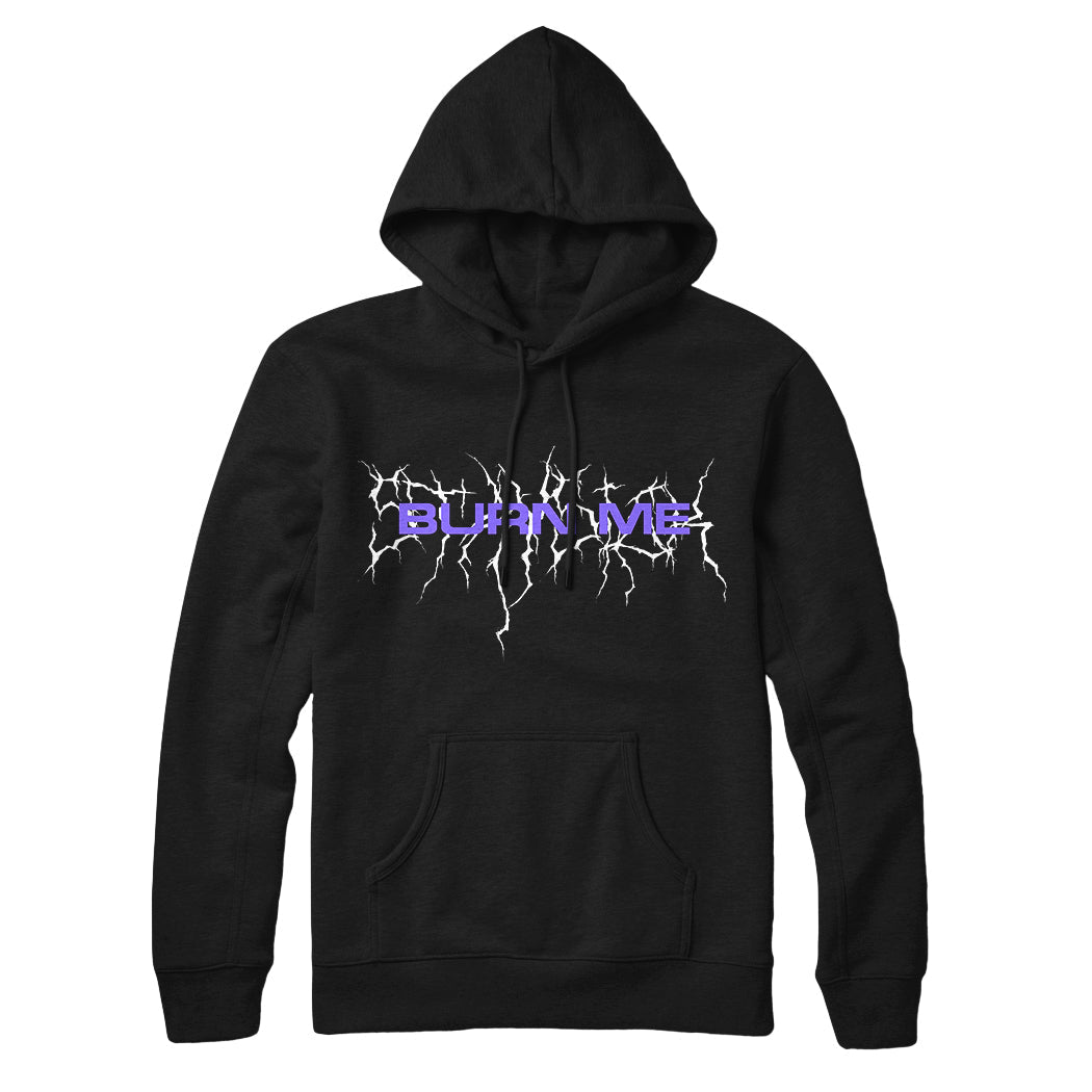 Stay Sick Clothing black hoodie with a front pocket, Burn Me Black in purple across the chest, surrounded by white lightning-like crack designs.
