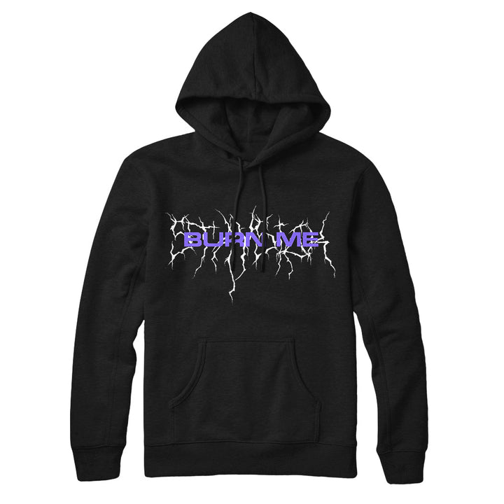 Stay Sick Clothing black hoodie with a front pocket, Burn Me Black in purple across the chest, surrounded by white lightning-like crack designs.