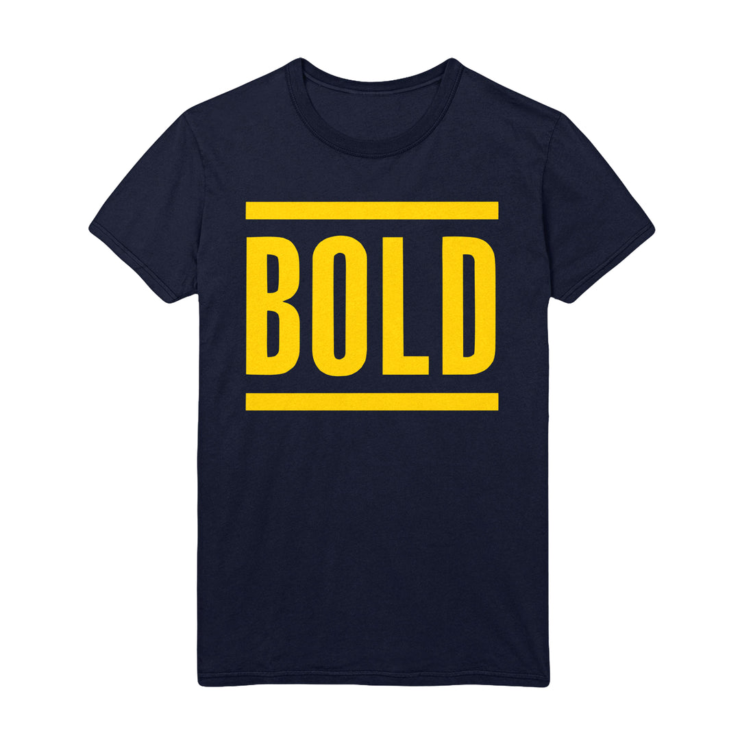 Bold’s black T-shirt showcases BOLD in large, bright yellow uppercase letters framed by two horizontal yellow lines—a striking update from the Bold brand.
