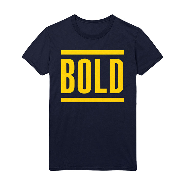 Bold’s black T-shirt showcases BOLD in large, bright yellow uppercase letters framed by two horizontal yellow lines—a striking update from the Bold brand.