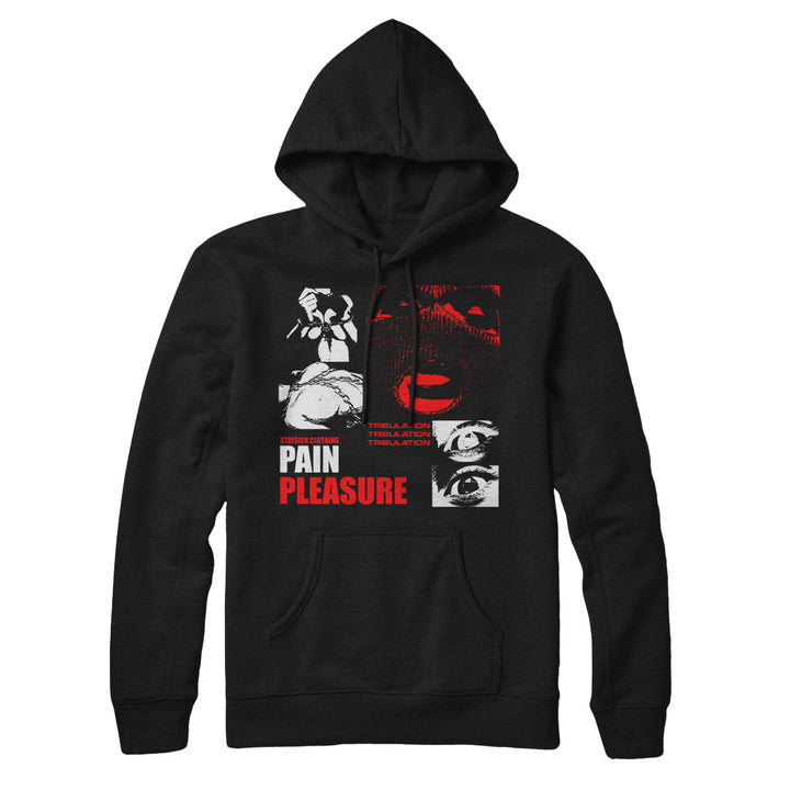 Stay Sick Clothing black hoodie with bold Pain Pleasure text on the front and a collage-style design of abstract faces and eyes in red, black, and white.
