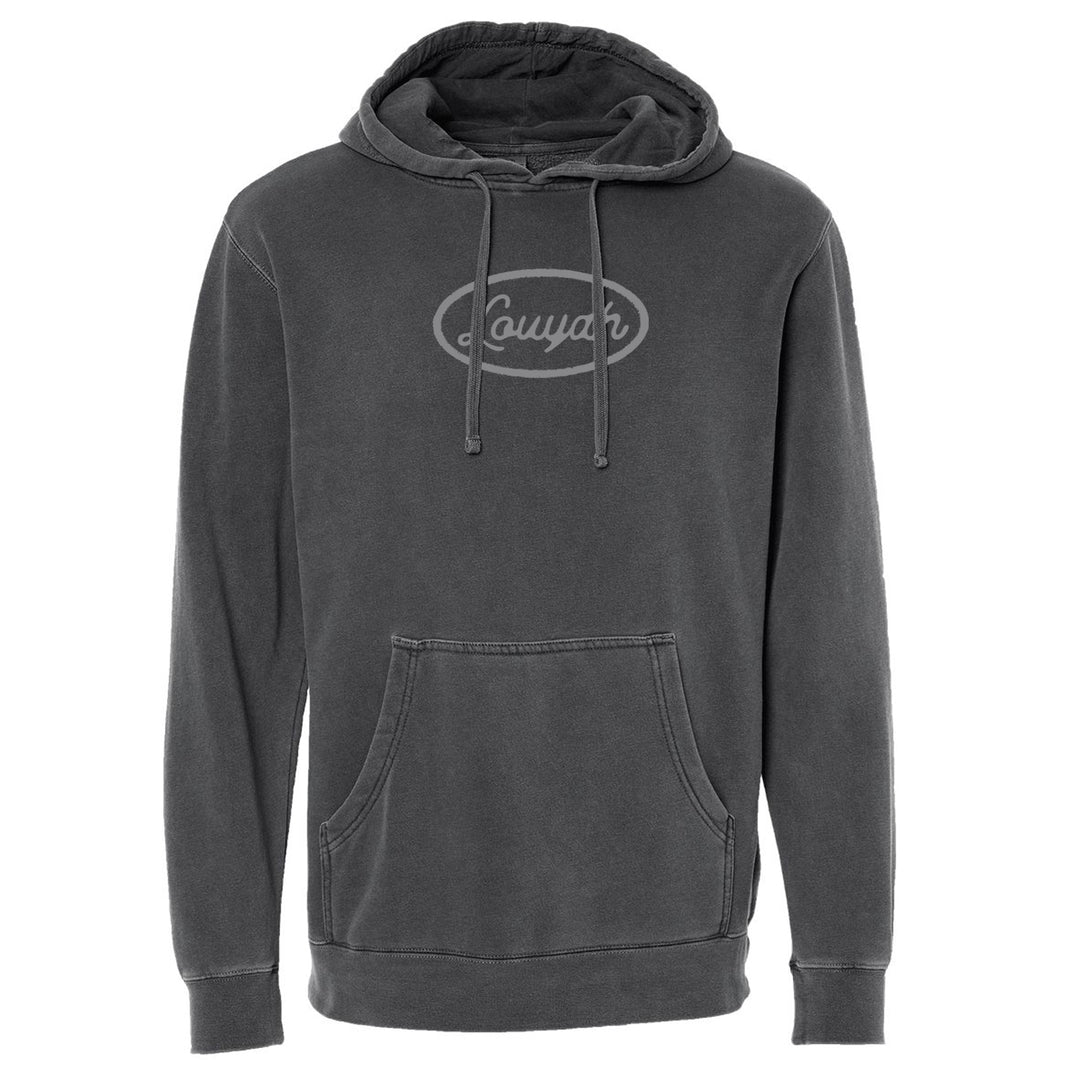 A charcoal gray Louyah hoodie with a front pocket and drawstrings, featuring the word "Loyal" in a script font inside an oval on the chest.