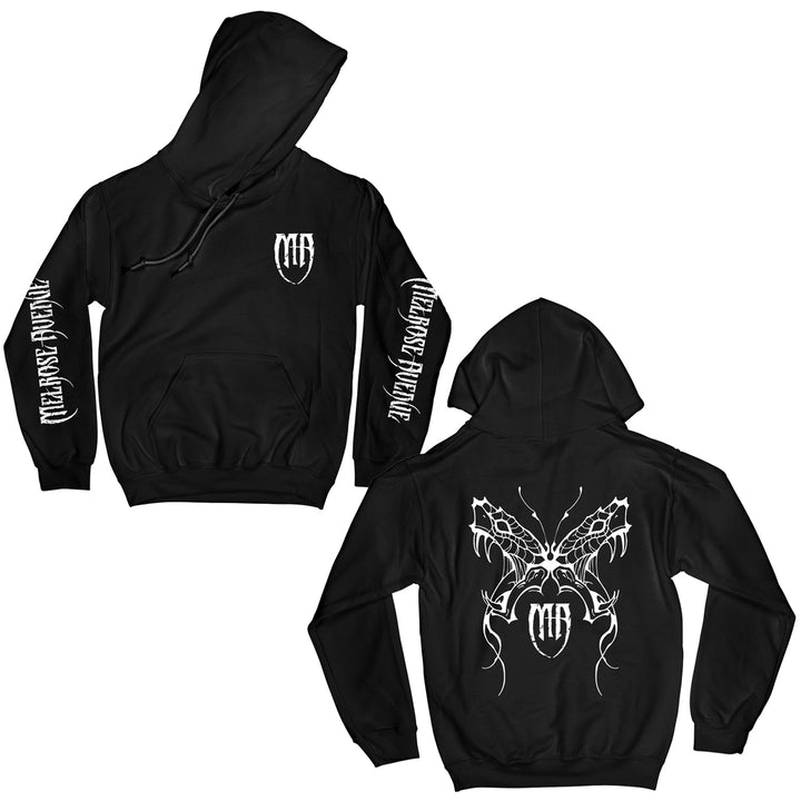 Front and back views of the black Melrose Avenue pullover hoodie. Features a small white MR crest on front, large white symmetrical winged Snake Butterfly design on back, and MIZERYS REDEMPTION in white down each sleeve.