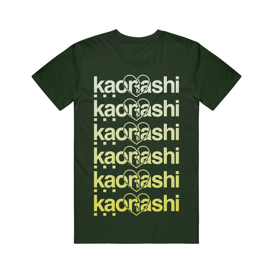 Dark green Kaonashi t-shirt with "kacrnashi" repeated six times in a fading yellow gradient and heart outlines, vertically arranged on the front.