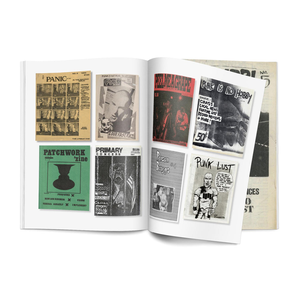 An open book from Merchnow shows six vintage punk zine covers with bold graphics, collage art, and handwritten text in a DIY style, celebrating American Hardcore Fanzine culture and underground music.