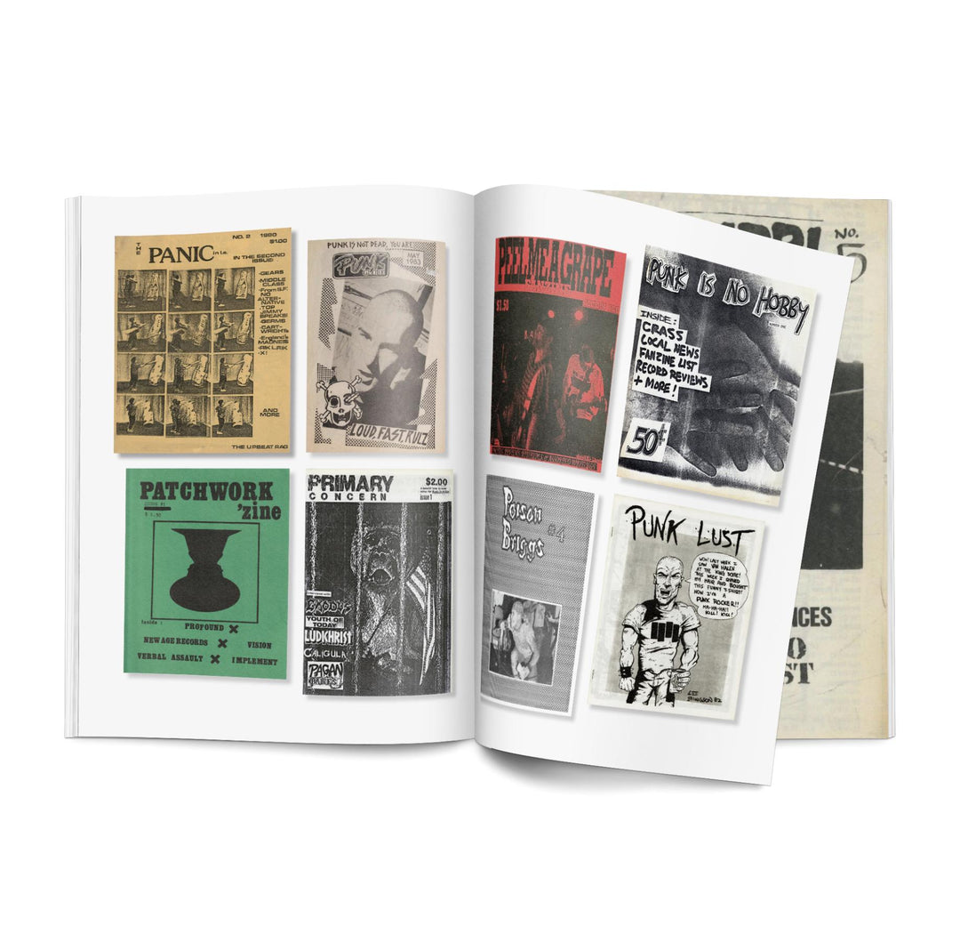 An open book from Merchnow shows six vintage punk zine covers with bold graphics, collage art, and handwritten text in a DIY style, celebrating American Hardcore Fanzine culture and underground music.