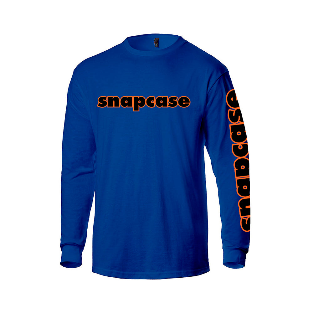A royal blue Snapcase long-sleeve shirt made from heavy cotton, featuring bold orange and black outlined text across the chest and vertically along the right sleeve.
