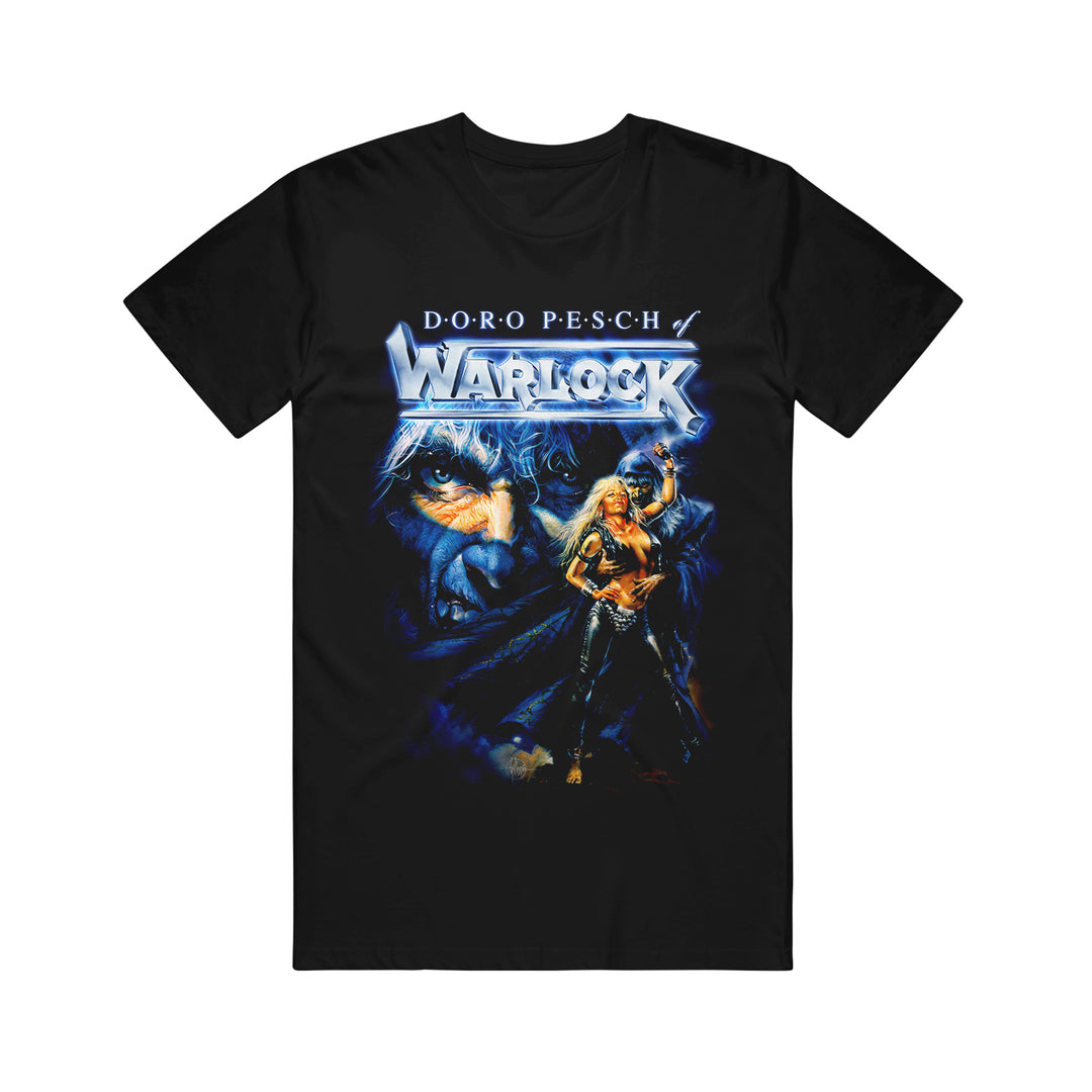 Doro Warlock T-Shirt featuring a fantasy warrior woman with a sword in front of a blue-toned mystical face, and "Doro Pesch Warlock" in bold metallic letters at the top.