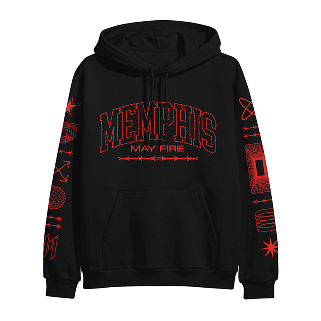 A black Memphis May Fire pullover hoodie with bold red graphics on the sleeves and chest, plus barbed wire accents for a varsity-inspired look.