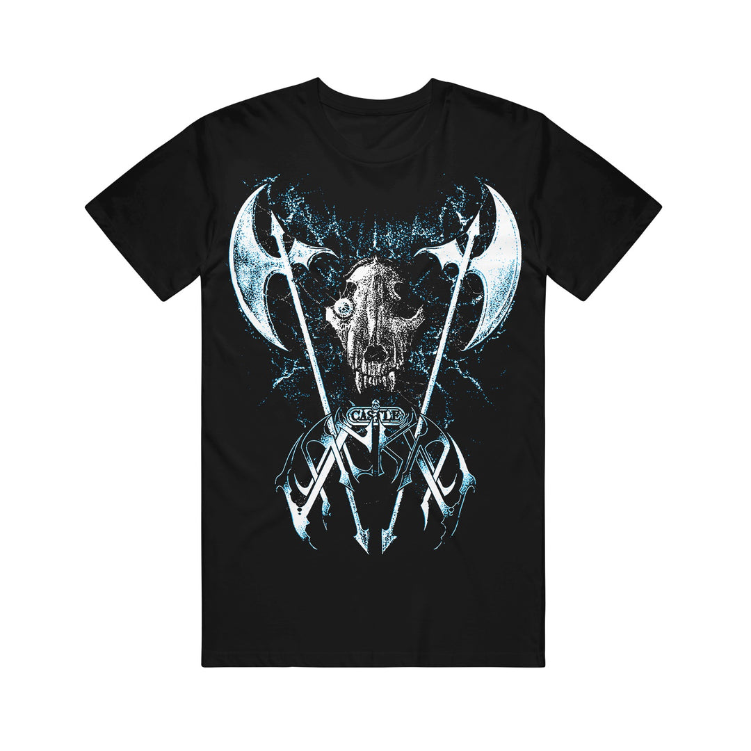 Castle Jackal black Comfort Colors tee with a graphic goat skull centerpiece, crossed battle axes above, and bold blue and white stylized artwork for an edgy look.