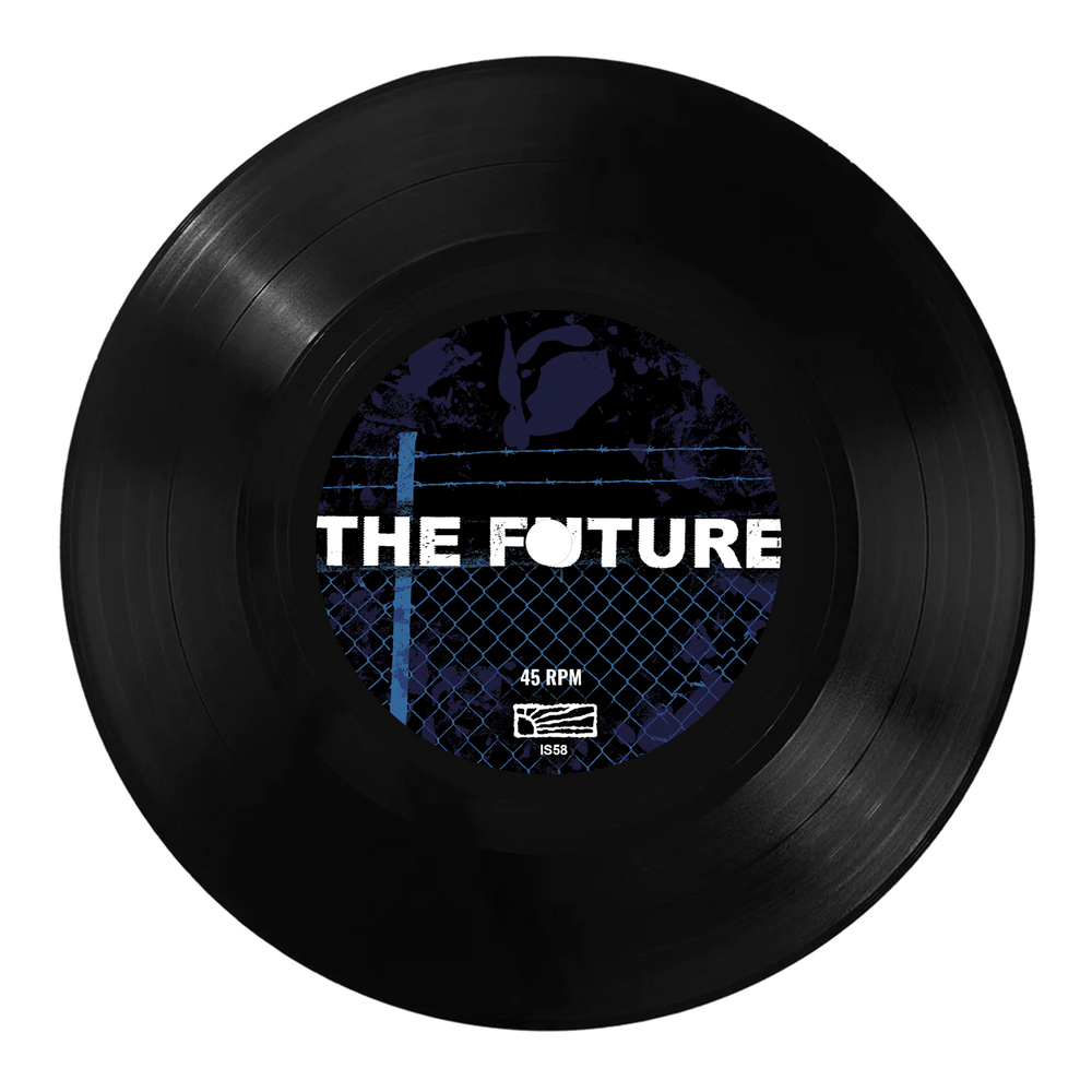 A black limited split vinyl by Die Young features a dark blue and black label with bold white "THE FUTURE," "45 RPM," and simple graphics—ideal for metallic hardcore or Texas punk collectors.