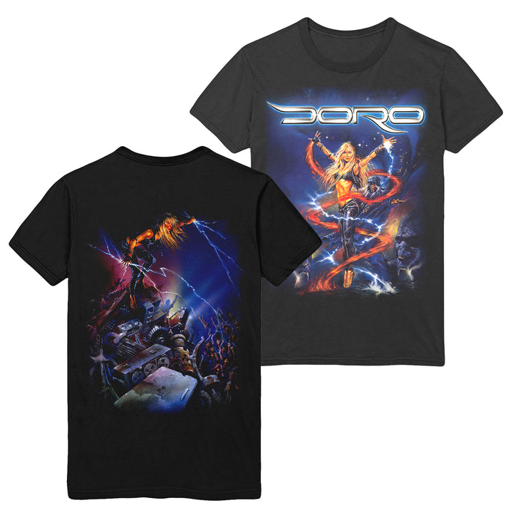 Black Doro T-shirt with fantasy art: front shows a woman in dramatic clothing with blue and orange lightning, "DORO" above; back depicts her standing atop mechanical wreckage before a cheering crowd—a true rare diamond.