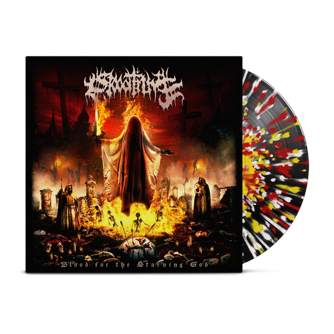 A splatter vinyl by Blood Tithe is partly shown behind its cover, which depicts a hooded figure above fire and ruins amid dark-robed figures. “Blood For The Starving God” text. Presale vinyl LP from Blood Tithe available now.