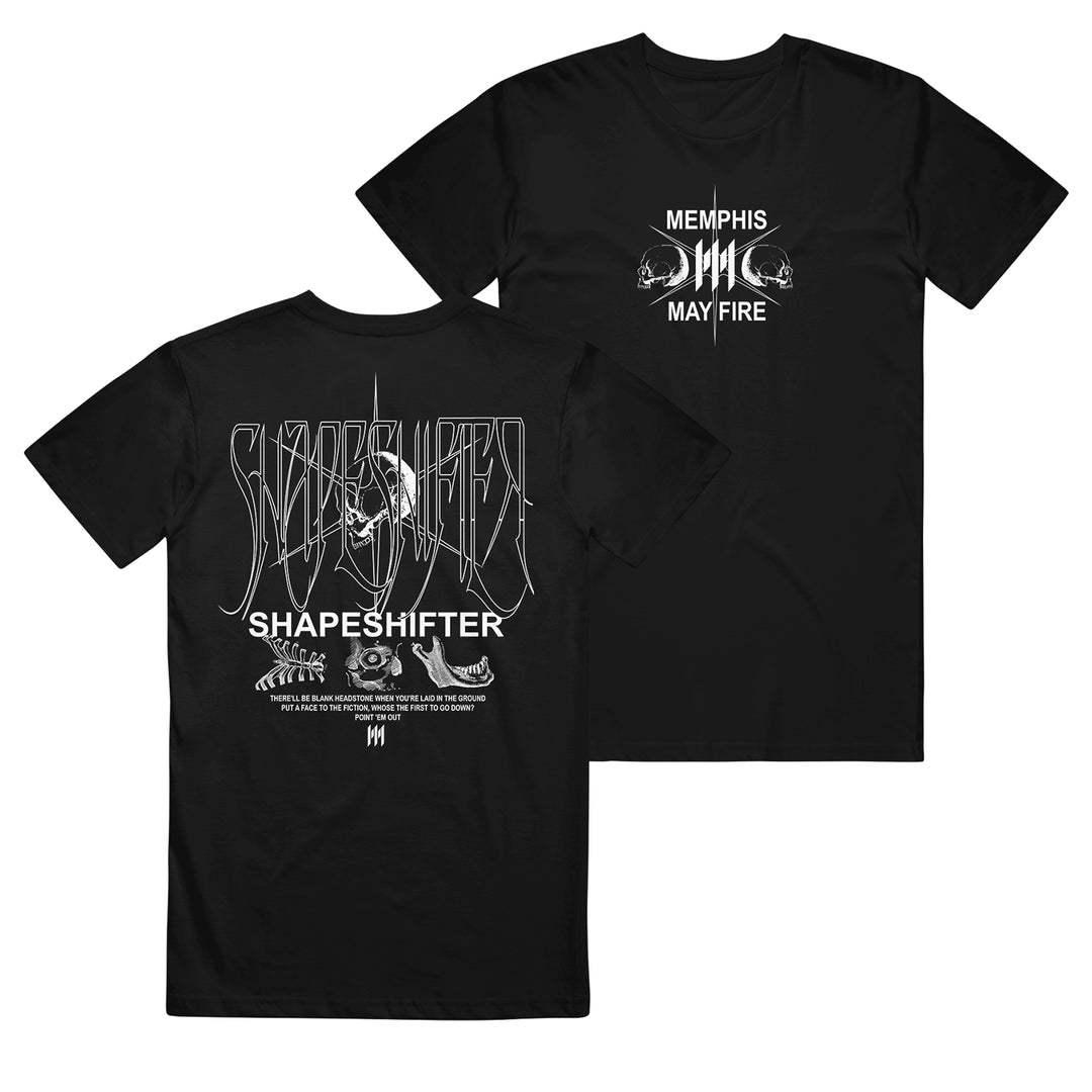 Two black Memphis May Fire t-shirts are shown. The front shows the band name with a skull and snake for an infection vibe. The back features SHAPESHIFTER in bold, a skull graphic, and small print below.
