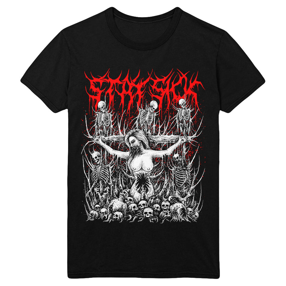 Stay Sick Clothing black T-shirt with a graphic of a woman with outstretched arms among skeletons and skulls, topped with bold red and white gothic Gutted text.