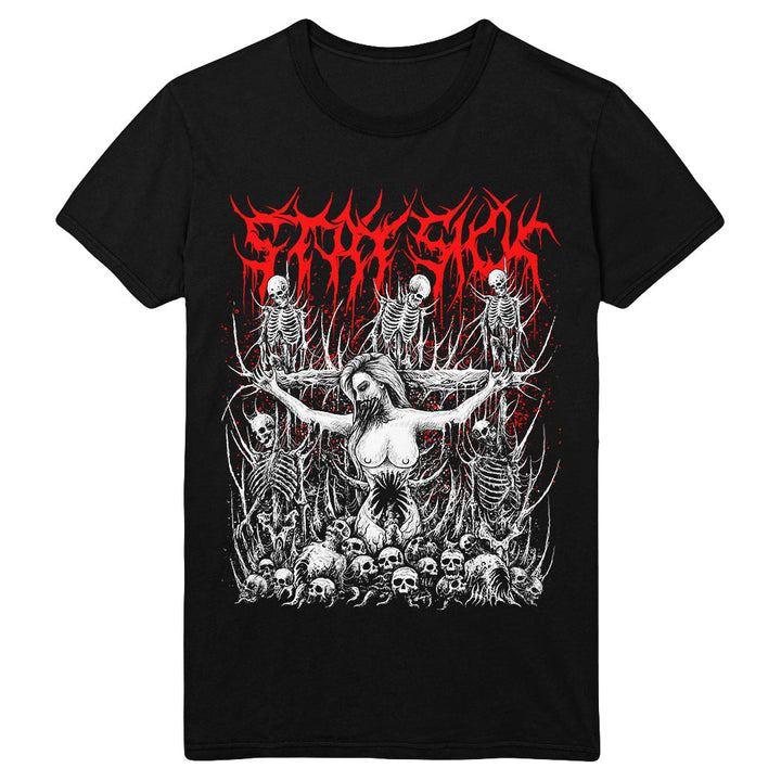 Stay Sick Clothing black T-shirt with a graphic of a woman with outstretched arms among skeletons and skulls, topped with bold red and white gothic Gutted text.