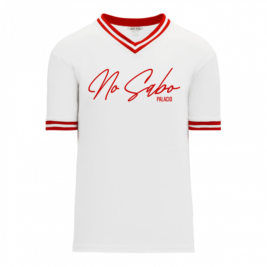 A white Micah Palace jersey features bold red trim on the collar and sleeves. “No Sabo” appears in large red script across the front, with Micah Palace printed below for a standout look.