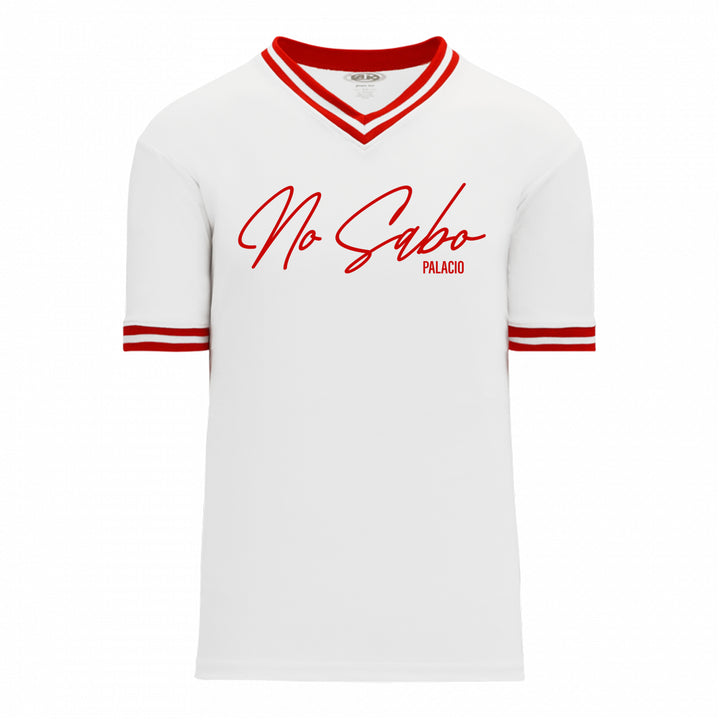 A white Micah Palace jersey features bold red trim on the collar and sleeves. “No Sabo” appears in large red script across the front, with Micah Palace printed below for a standout look.