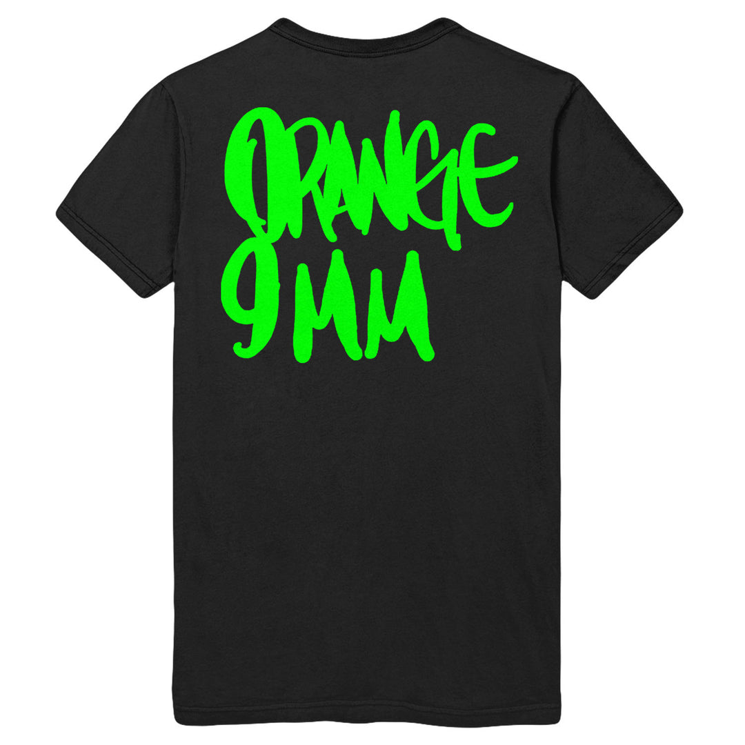 Black t-shirt by Orange 9mm, made from soft Gildan cotton, with bold bright green graffiti-style "ORANGE 9MM" text on the back.