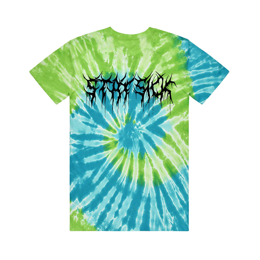 A Stay Sick Clothing short-sleeved Tie Dye T-Shirt features a blue and green spiral pattern with bold black metal-style jagged lettering across the upper back.