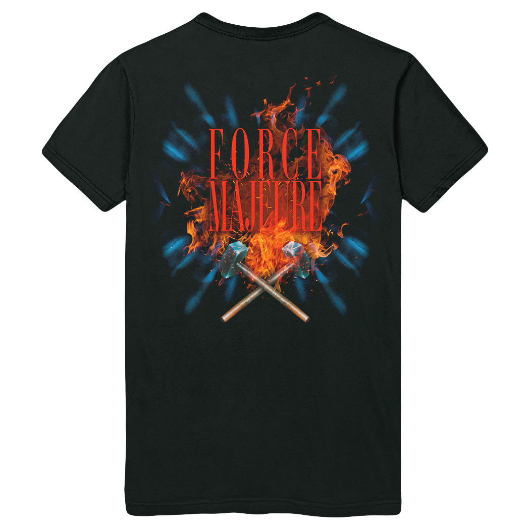 Black Doro T-Shirt featuring FORCE MAJEURE in bold red above fiery flames, with two crossed hammers below and vibrant blue streaks radiating outward for a striking look.