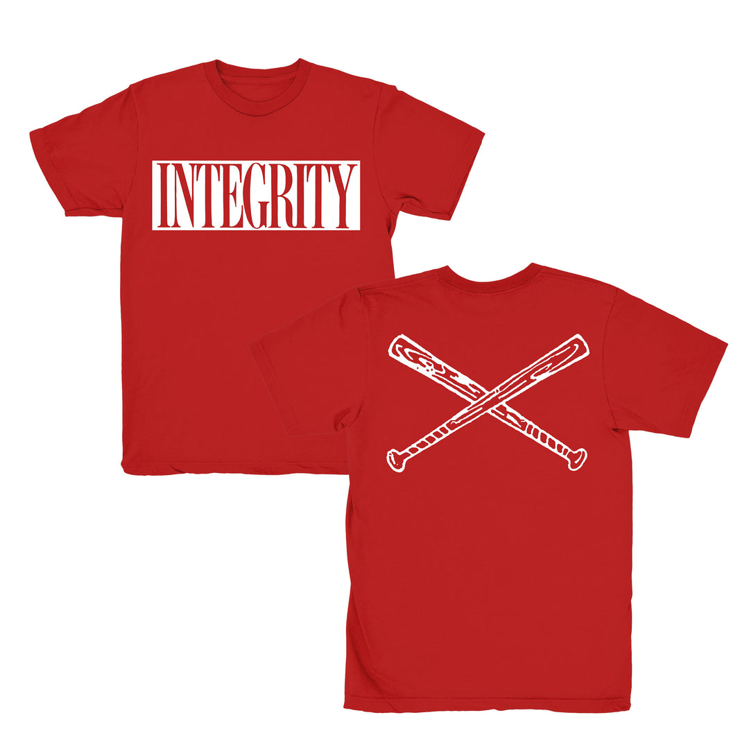 Red Integrity Heavy Cotton T-shirt features “INTEGRITY” in bold white letters on the front and two crossed white baseball bats on the back. This classic printed tee from Integrity offers a simple, bold design for everyday wear.