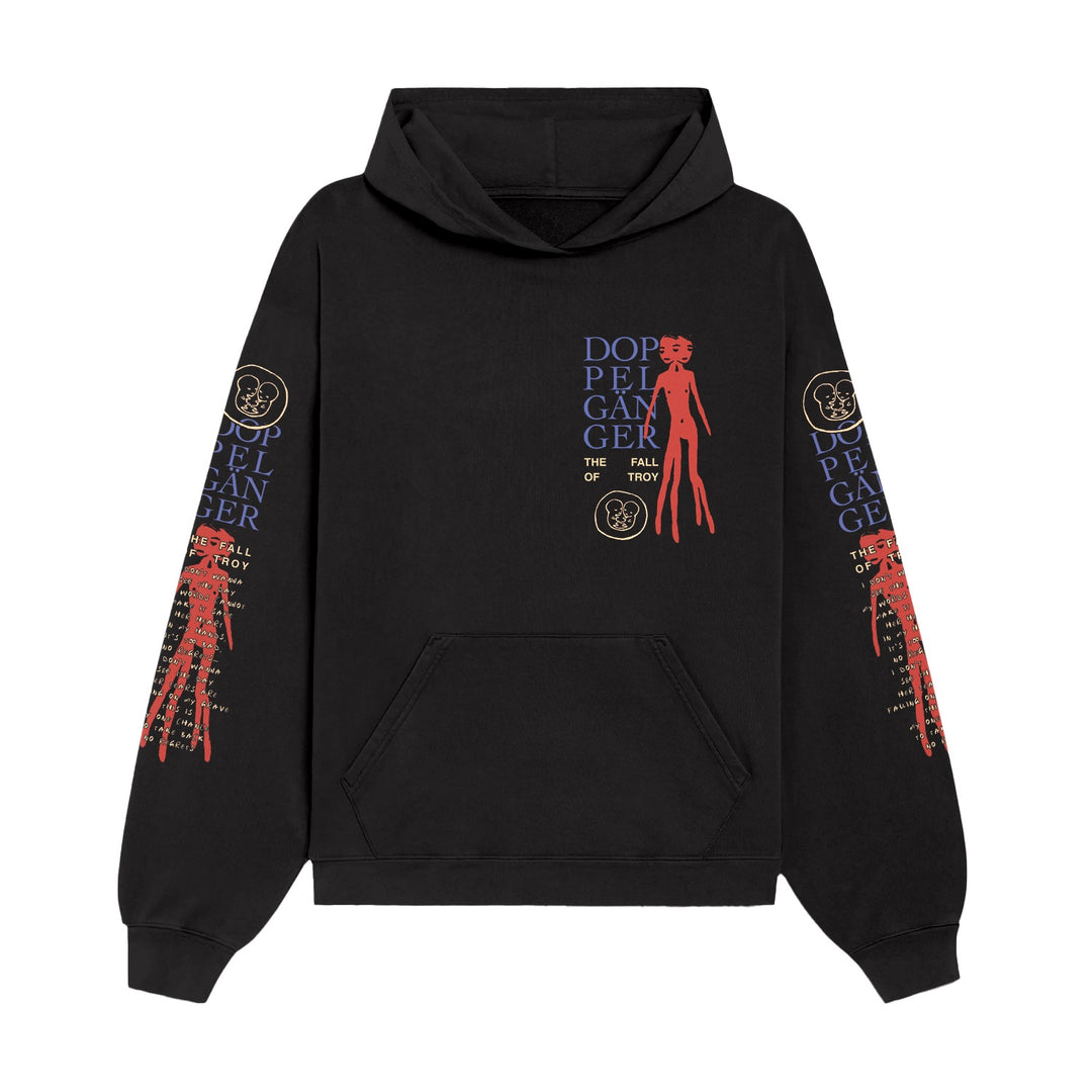 Black midweight pullover hoodie by The Fall of Troy with red skeleton graphics on the front and sleeves, blue and yellow DOPPELGANGER text, and smaller artistic details in a slightly abstract style.