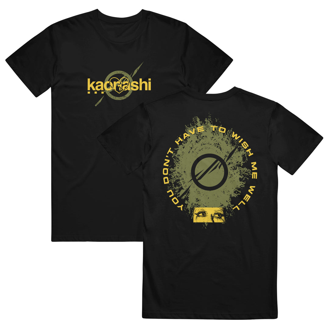 Black Kaonashi Gildan Hammer t-shirt with yellow "kacrashi" text and scratched circle logo on the front. The back has a grunge circle, eye graphic, and "YOU DONT HAVE TO WISH ME WELL." Ideal for fans of bold printed tees.
