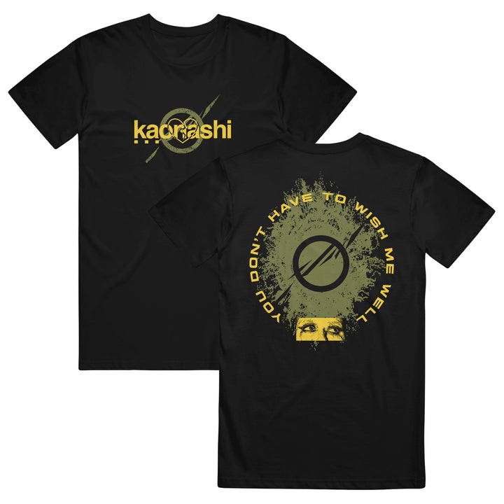 Black Kaonashi Gildan Hammer t-shirt with yellow "kacrashi" text and scratched circle logo on the front. The back has a grunge circle, eye graphic, and "YOU DONT HAVE TO WISH ME WELL." Ideal for fans of bold printed tees.