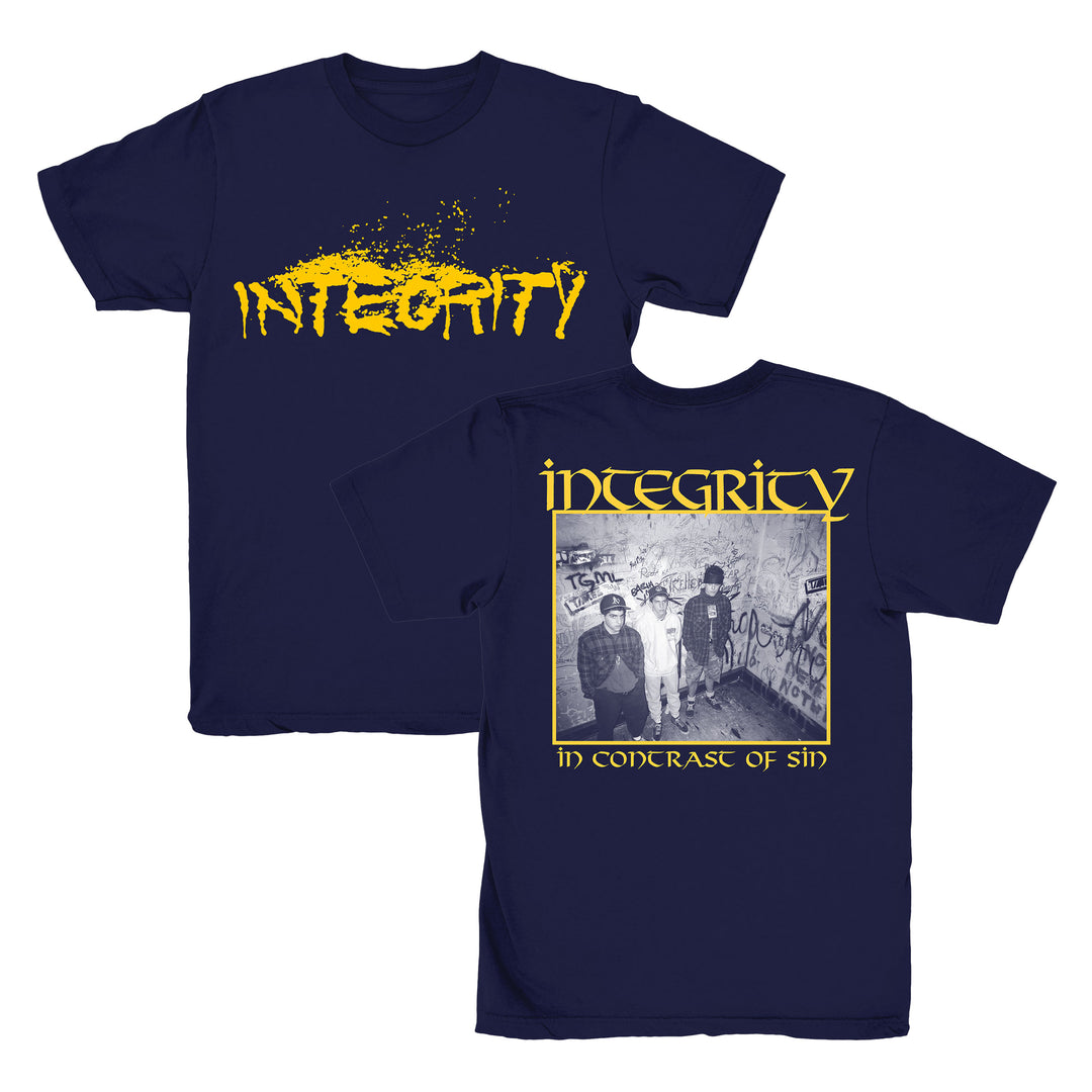 Navy blue Integrity heavy cotton t-shirt with INTEGRITY in yellow paint splatter style on the front. Back has INTEGRITY at top, black-and-white band photo, and IN CONTRAST OF SIN in yellow at the bottom.